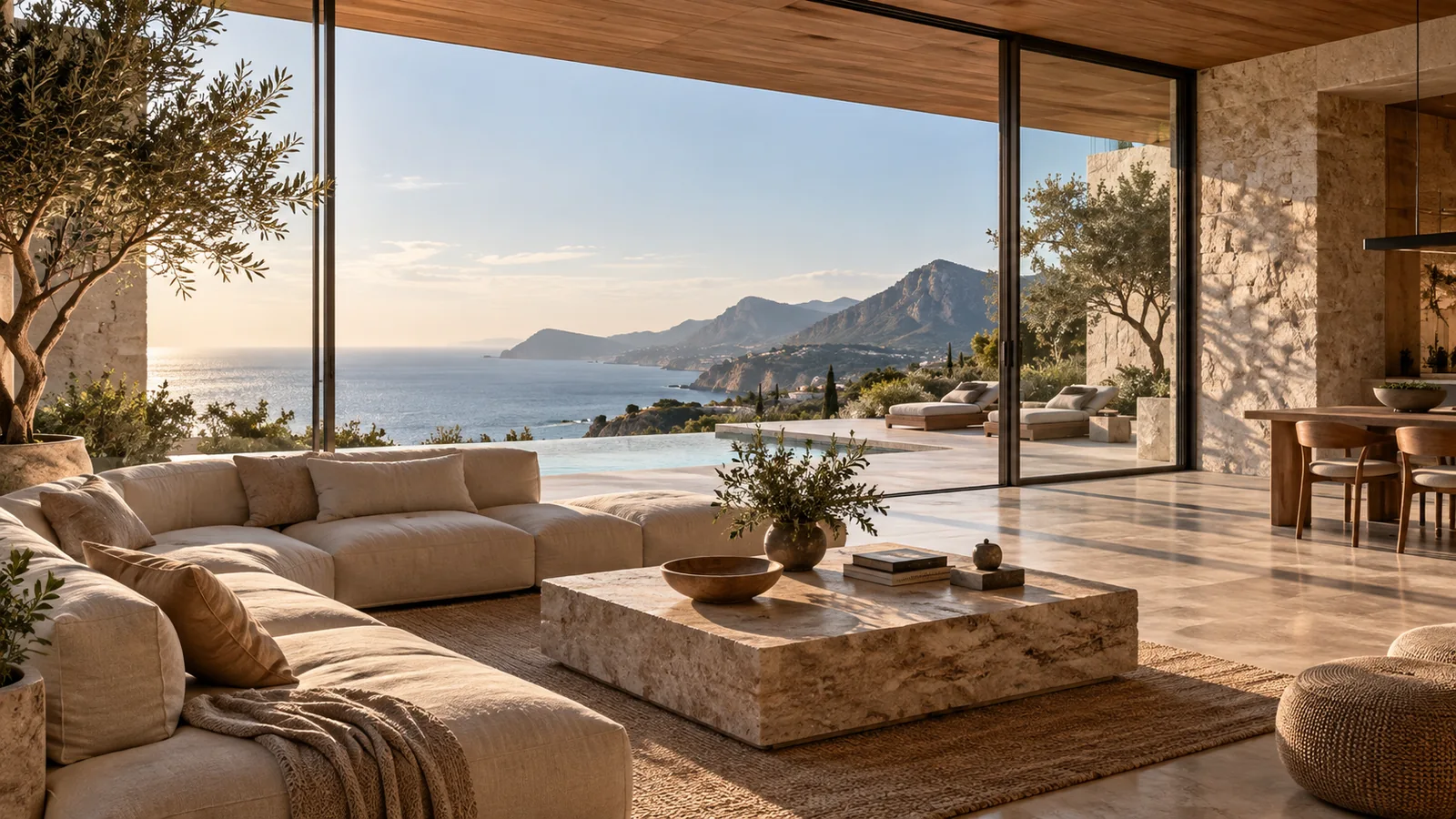 Ambiente integrado com mobiliário natural e vista para o mar